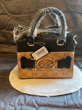 Bebe Tan and Black Logo Satchel with Gold Hardware